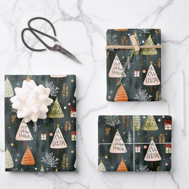 Scandinavian Nordic Christmas Pine Tree Pattern  Geschenkpapier Set (Vorderseite)