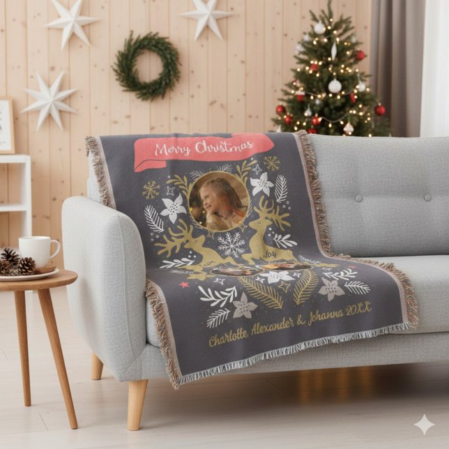 Scandinavian Reindeer 3 Photo Family Keepsake Decke (Scandinavian Reindeer 3 Photo Holiday Throw Blanket © Susanne Sachers - Sunny Mind Design. 🌞)