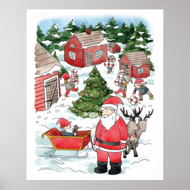 Scandinavian Tomten Christmas Village Watercolor Poster (Vorne)