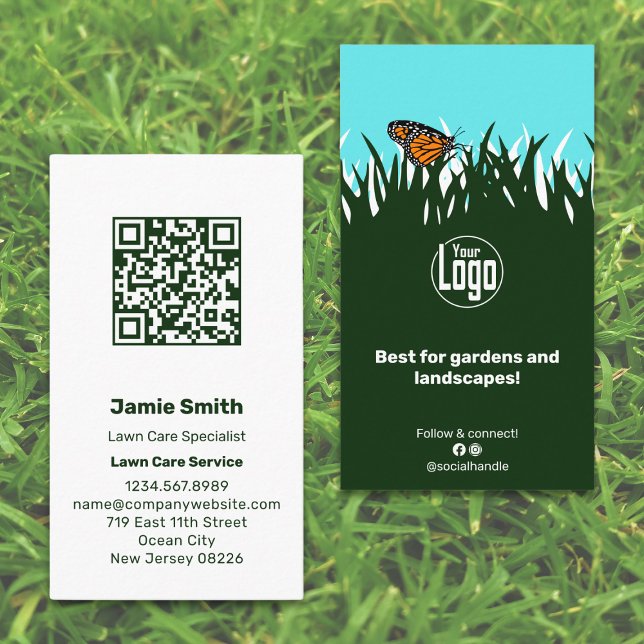 Scannable Laie Butterfly Green Visitenkarte (Scannable Lawn Butterfly Green White Business Card with Logo, QR-code)