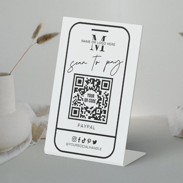 Scannable Payment Scan zur Bezahlung des QR-Code-M Sockelschild (Modern scan to pay QR code sign in trendy black and white design, perfect to place at your till)