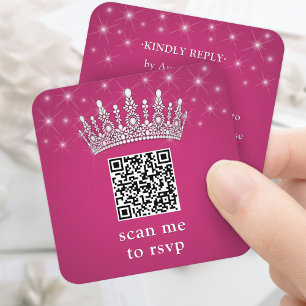 Scanne Mich QR RSVP Quinceañera Krone Fuschia Rosa Begleitkarte