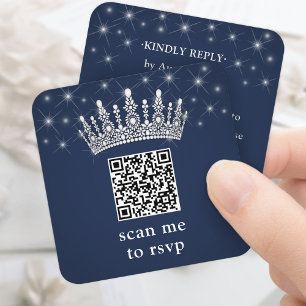 Scanne Mich RSVP QR Code Quinceañera Krone Navy Bl Begleitkarte