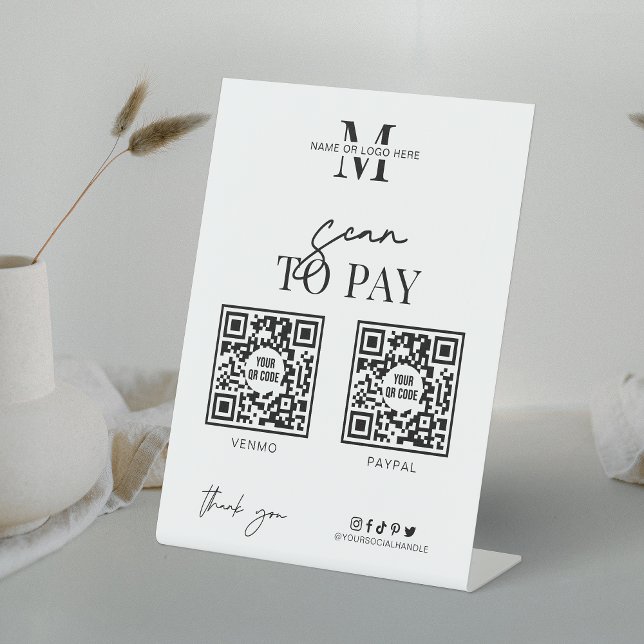 Scannen Sie, um QR-Codes mit Minimalistischem Schw Sockelschild (Make a stylish Scan to Pay QR code sign for your business with this simplistic black & white design)