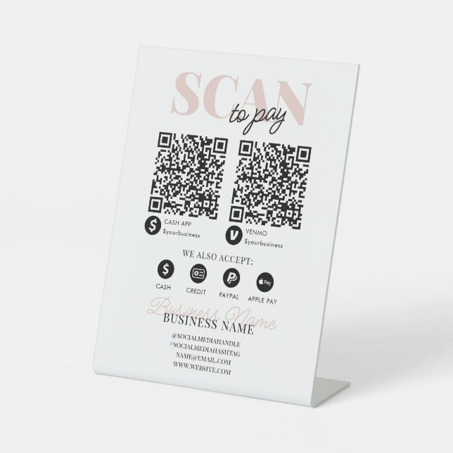 Scannen zur Bezahlung von QR-Code Modernes rosa Sk Sockelschild (Vorderseite)