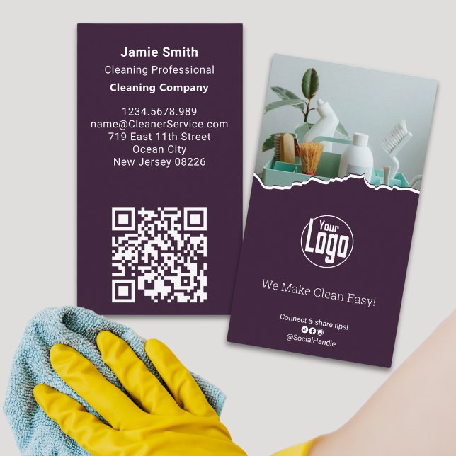 Scanner-Lila- und White Cleaner-Visitenkarte Visitenkarte (Scannable Purple and White Cleaner Business Card)