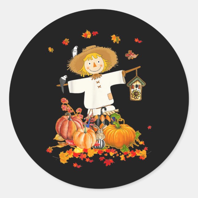 Scarecrow Autumn Hello Fall Pumpkin Thanksgiving H Runder Aufkleber (Vorderseite)