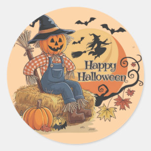 Scarecrow Pumpkin Halloween Rustic Vibes Art Runder Aufkleber