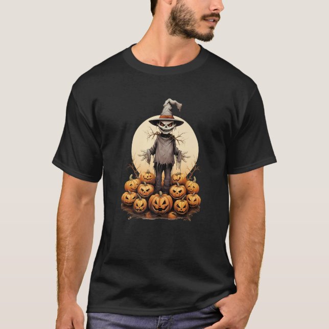 Scarecrow Pumpkin Patch Vollmond Halloween Spooky T-Shirt (Vorderseite)