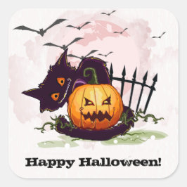 Scaredy Black Cat Happy Halloween Quadratischer Aufkleber