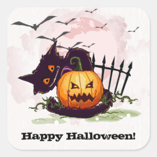 Scaredy Black Cat Happy Halloween Quadratischer Aufkleber