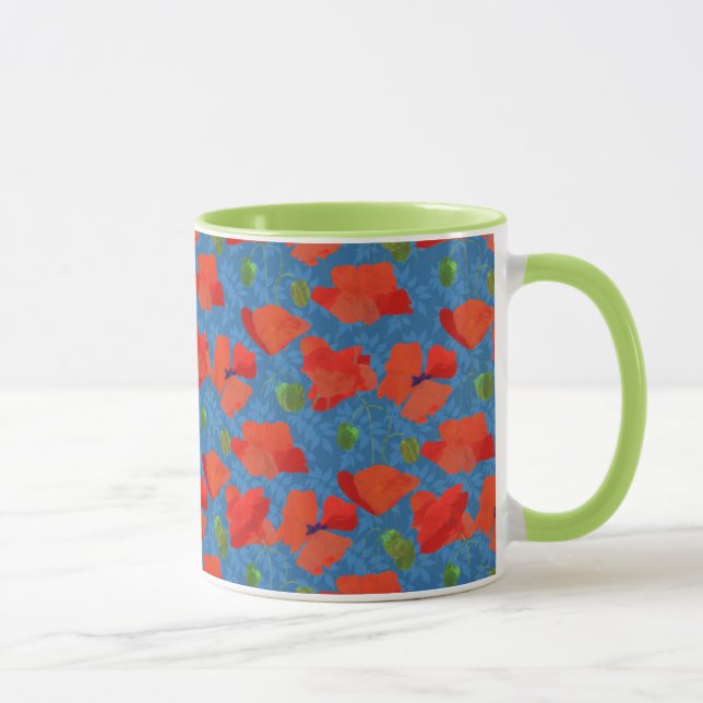 Scarlet Field Poppies auf blauem Muster Tasse (Rechts)