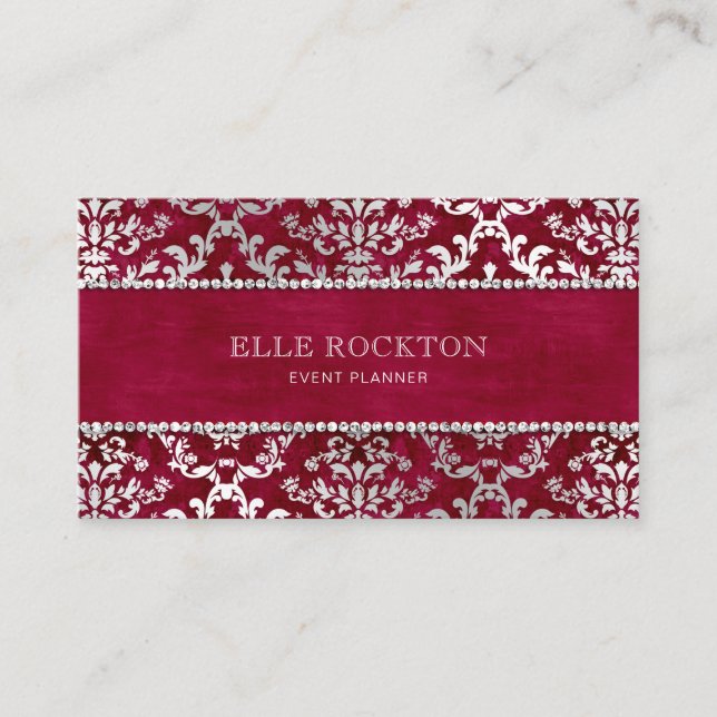 Scarlet-Gewinde Rot Glimmer Damask Silber Liebe Visitenkarte (Vorderseite)