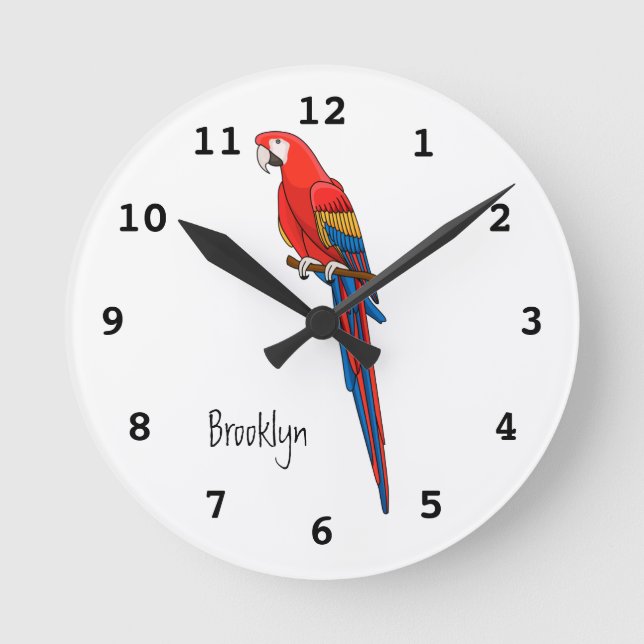 Scarlet macaw parrot cartoon illustration runde wanduhr (Vorderseite)