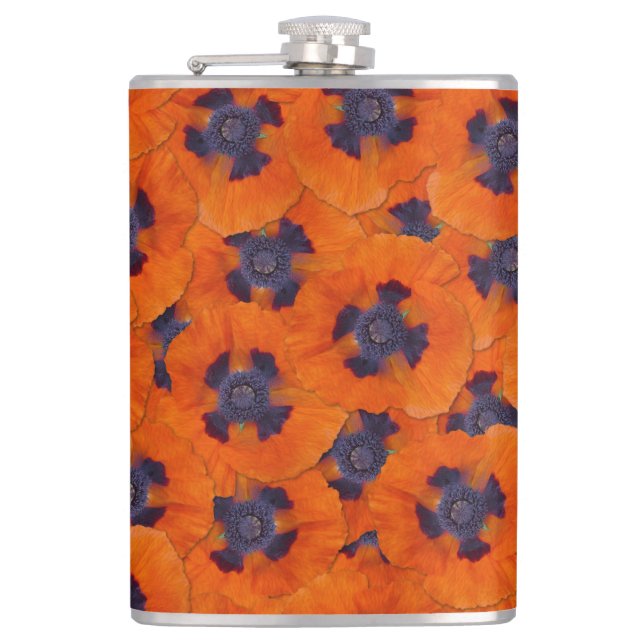 Scarlet Orange Poppy Nahtloses Muster Flachmann (Vorderseite)