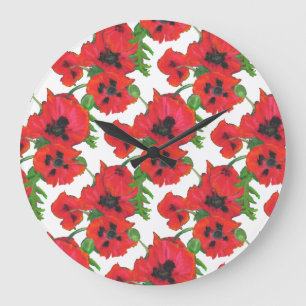 Scarlet Oriental Poppies Pattern on White Große Wanduhr