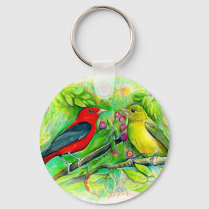 Scarlet Tanagers Aquarellfarbener Bleistift Drawin Schlüsselanhänger