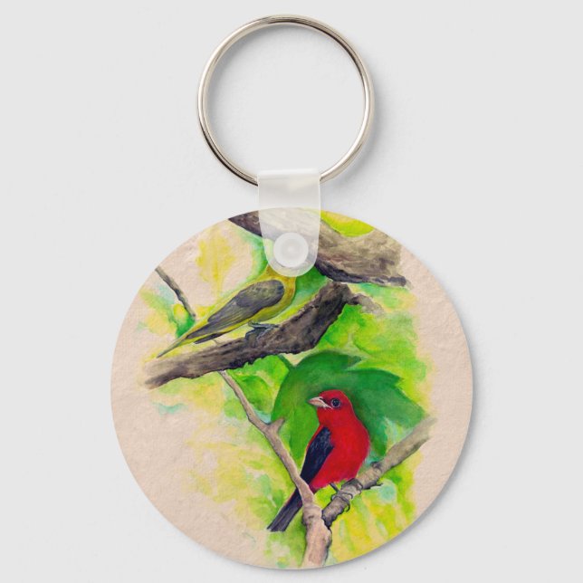 Scarlet Tanagers Vögel Aquarellmalerei Keychai Schlüsselanhänger (Vorderseite)