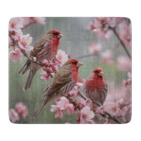"Scarlet Trio: Rote Finken unter rosa Blüten"