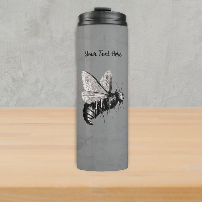 Scary Black White Bee Big Eyes Skulls Wings Grey Thermosbecher (Scary bee big eyes skull crossbones on wings on grey thermal drink bottle.)