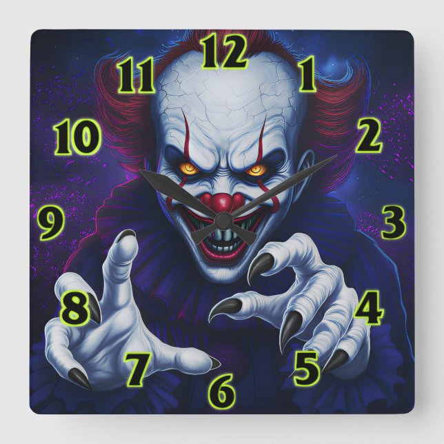 Scary Clown  Square Wall Clock Quadratische Wanduhr (Vorderseite)