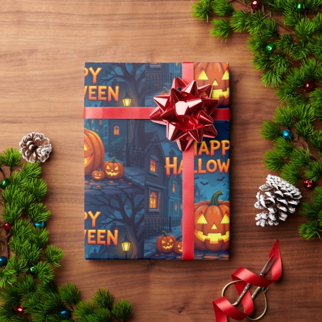 Scary Cute Pumpkins, Ghosts & Spider Web Design Geschenkpapier (Feiertagsgeschenk)