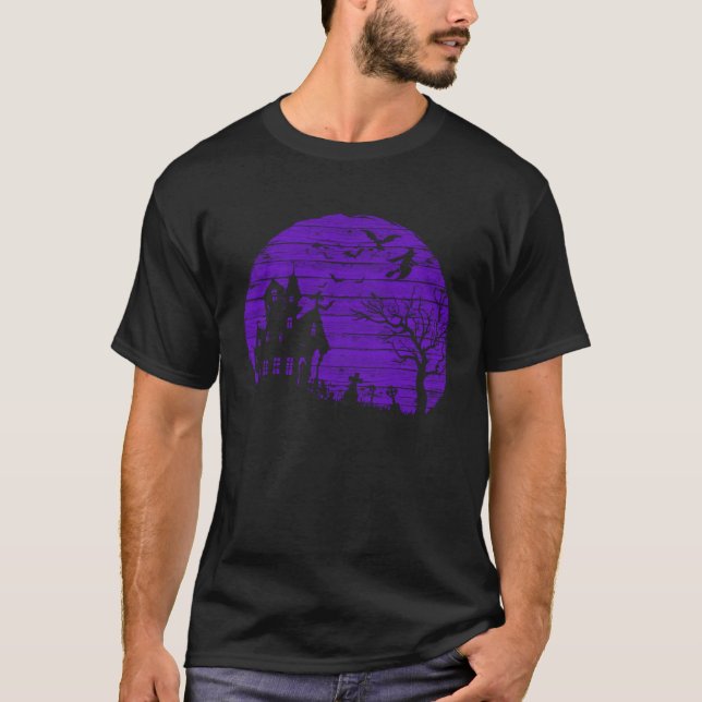 Scary Haunted House Halloween Moon Dead Tree & Bat T-Shirt (Vorderseite)