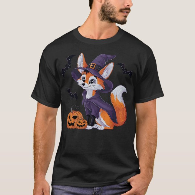 Scary Pumpkin Bat Funny Witch Hat Fennec Fox Hallo T-Shirt (Vorderseite)