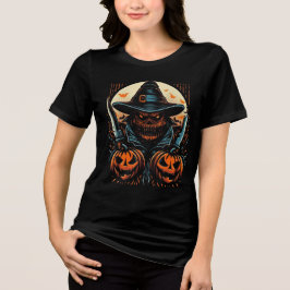 Scary Pumpkin Scarecrow & Knives Halloween Killer Tri-Blend Shirt