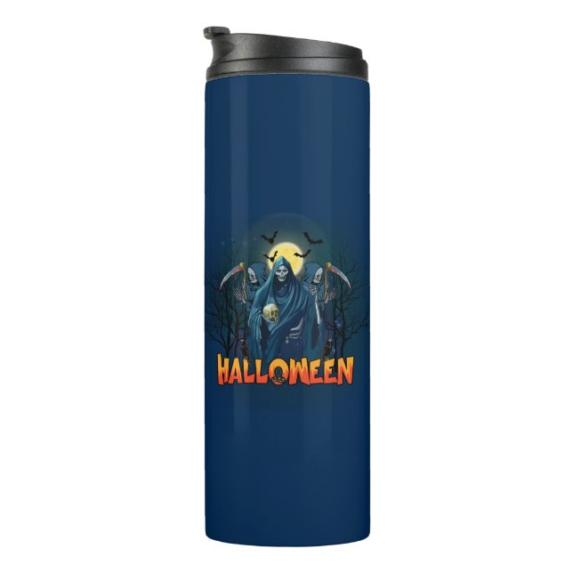 Scary Skeleton Night Halloween, mein Halloween Moo Thermosbecher (Nach rechts gedreht)