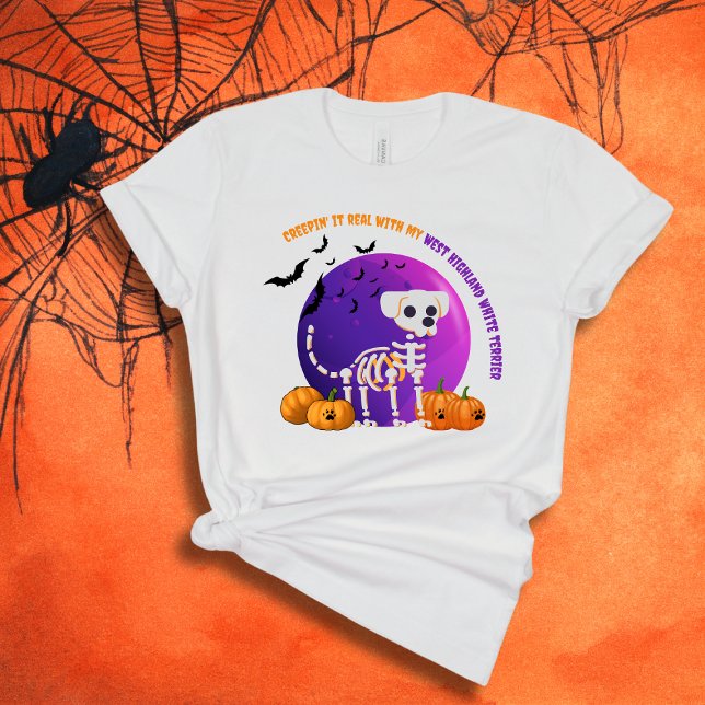 Scary West Highland White Terrier Halloween TShirt (Spooky Halloween t-shirt with a dog skeleton, full moon, pumpkins, bats, and your favorite dog breed)