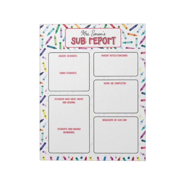 Scattered Crayons Substitute Teacher Report Note Notizblock (Rotiert)