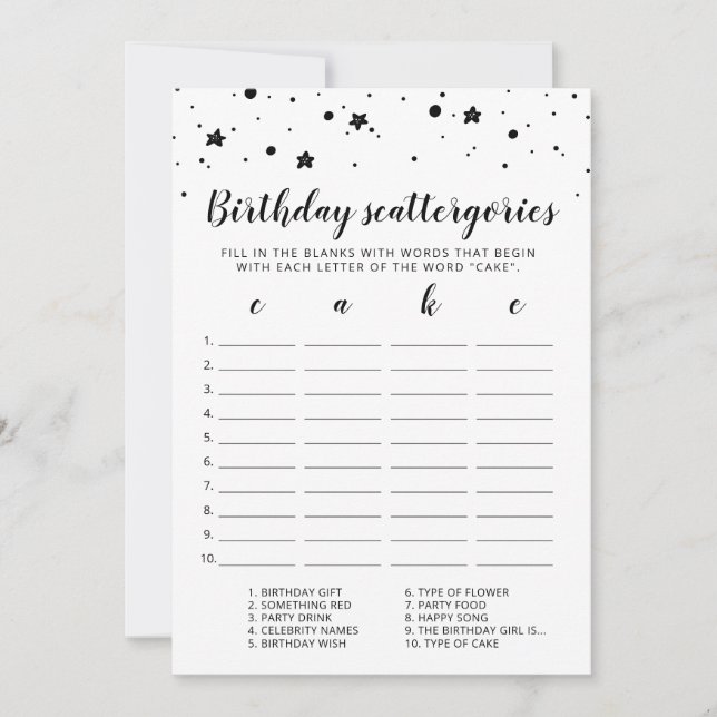 Scattergories Anniversaire Jeu modifiable Carte (Devant)
