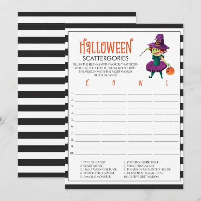 Scattergories d'Halloween Cartes de jeu avec sorci (Devant / Derrière)