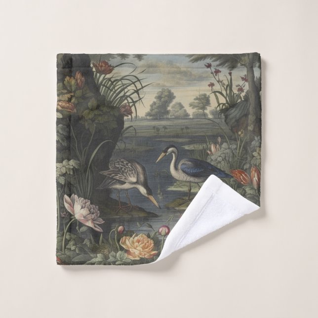 Scène botanique de grues bleues au bord d'une rivi (Gant de toilette)