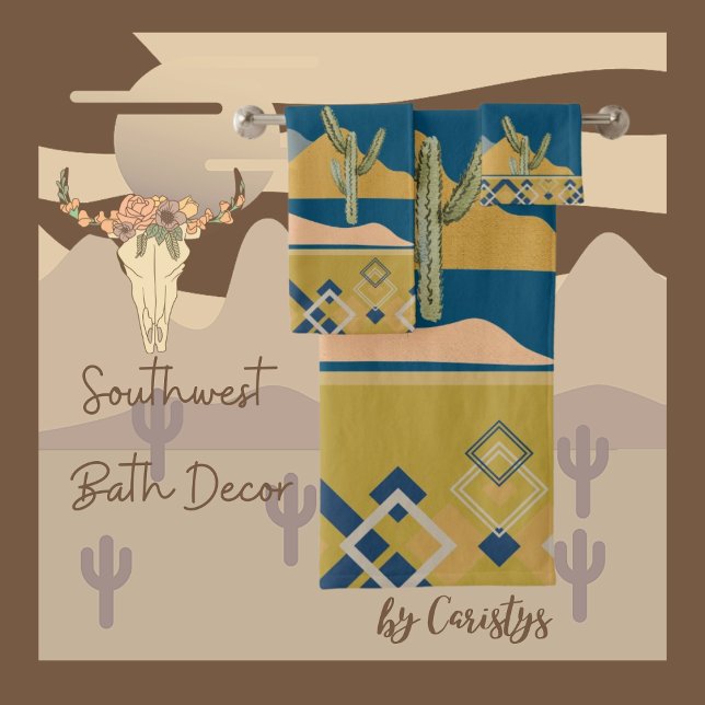 Scène de Cactus du désert et ajustement géométriqu (Southwest Bath Decor. 
Available in Golden Rod, Olive, Rust, Navy, Smokey Teal, Clay, Brown)
