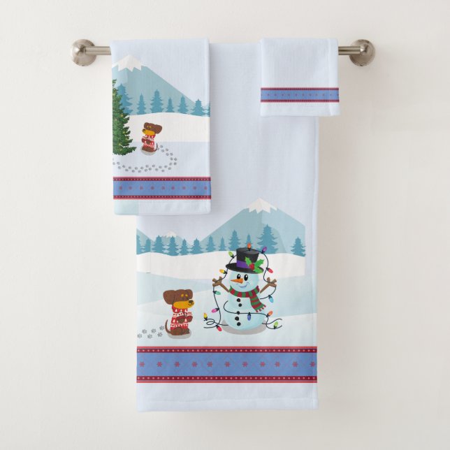 Scène de neige de Noël avec Snowman et Chiot (En situation)