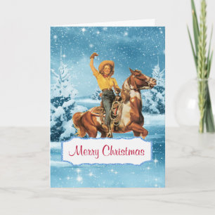 Scène d'hiver avec cowgirl et carte de Noël de che
