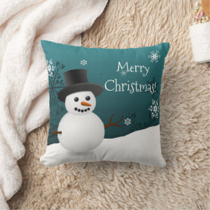 Scene d'hiver turquoise Snowman Oreiller de Noël
