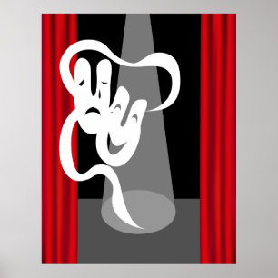 Scène théâtrale avec affiche de masques