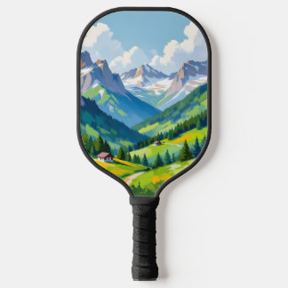 Scenic Alpine Landscape – Lush Valley and Snow Pickleball Schläger