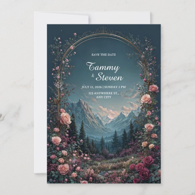 Scenic Alpine Valley Floral Arch Evening Wedding Einladung (Vorderseite)