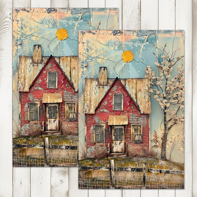 SCHABBAR ROTES FARMHAUS GEMISCHTES MEDIENDECOUPAY SEIDENPAPIER (SHABBY RED FARMHOUSE MIXED MEDIA DECOUPAGE TISSUE PAPER)