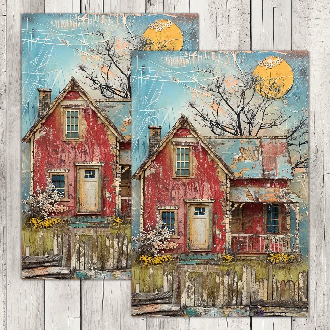 SCHABBAR ROTES FARMHAUS GEMISCHTES MEDIENDECOUPAY SEIDENPAPIER (SHABBY RED FARMHOUSE MIXED MEDIA DECOUPAGE TISSUE PAPER)