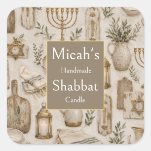 Schabbat-Kerzenetikett, Judaica-Ästhetik Rustikale Quadratischer Aufkleber