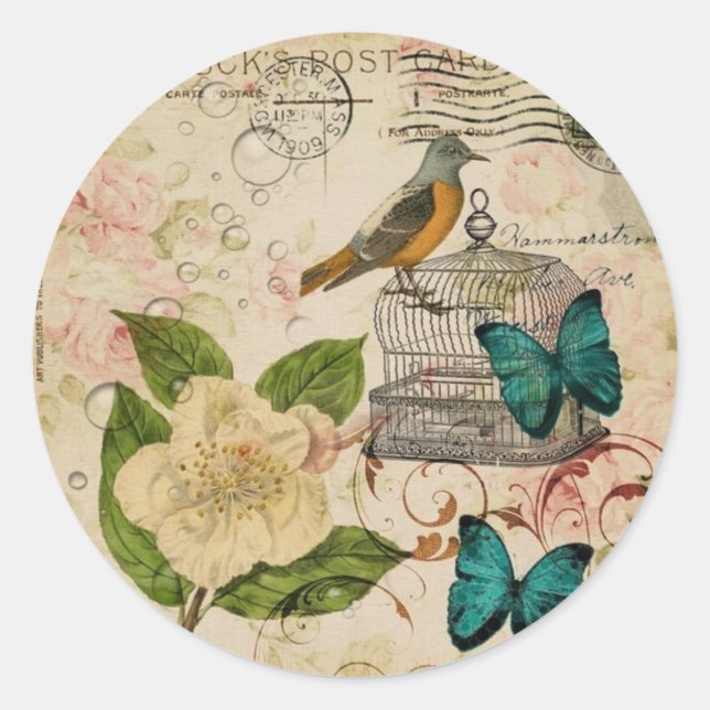 schabby elegance botanischer Vogel französische Pr Runder Aufkleber (Vorderseite)