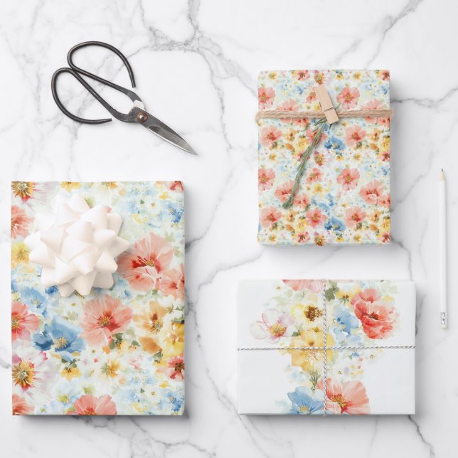 Schäbige Boho-Wildblumen Elegante Farbige Blumen Geschenkpapier Set (Vorderseite)