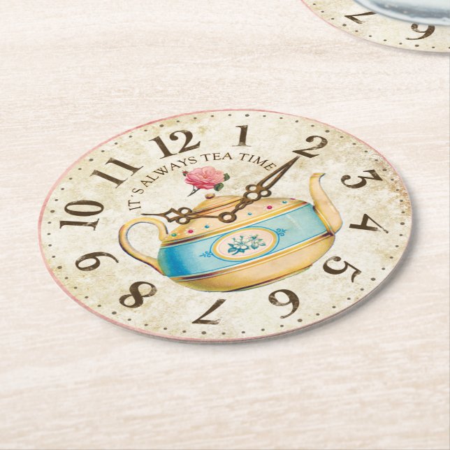 Schäbige Uhr-Teekanneteatime-Tee-Party-Untersetzer Runder Pappuntersetzer (Angewinkelt)