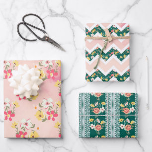 Schäbiges Pink Grüner Garten Geschenkpapier Set