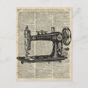Schablone einer antiken Nähmaschine über einer alt Postkarte